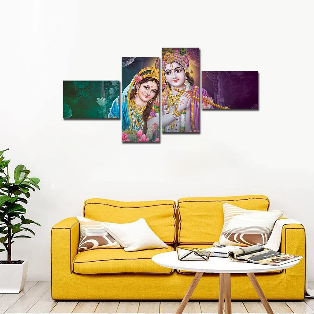 VIBECRAFTS Shree Krishna With Radha 4 Pieces Canvas Wall Painting Fitted With Wooden Frame For Home | Office | Living Room | Gifts (PTVC4Pcs3_15501)