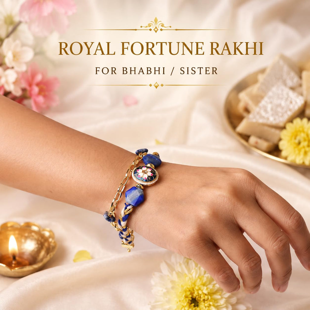 Shubhanjali Royal Fortune Rakhi for Bhabhi | Crystal Beads & Blue Floral Charm | Handmade Designer Lumba Rakhi for Sister | Raksha Bandhan Gift Set with Roli Chawal, Greeting Card & Potli