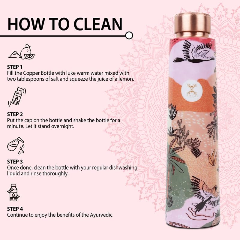 MERCAPE Pure Copper Water Bottle 900 ml with Artistic Printed Design | Jointless Construction | Leak-Resistant Screw Cap | Reusable Copper Bottle for Home, Office, Gym & Travel