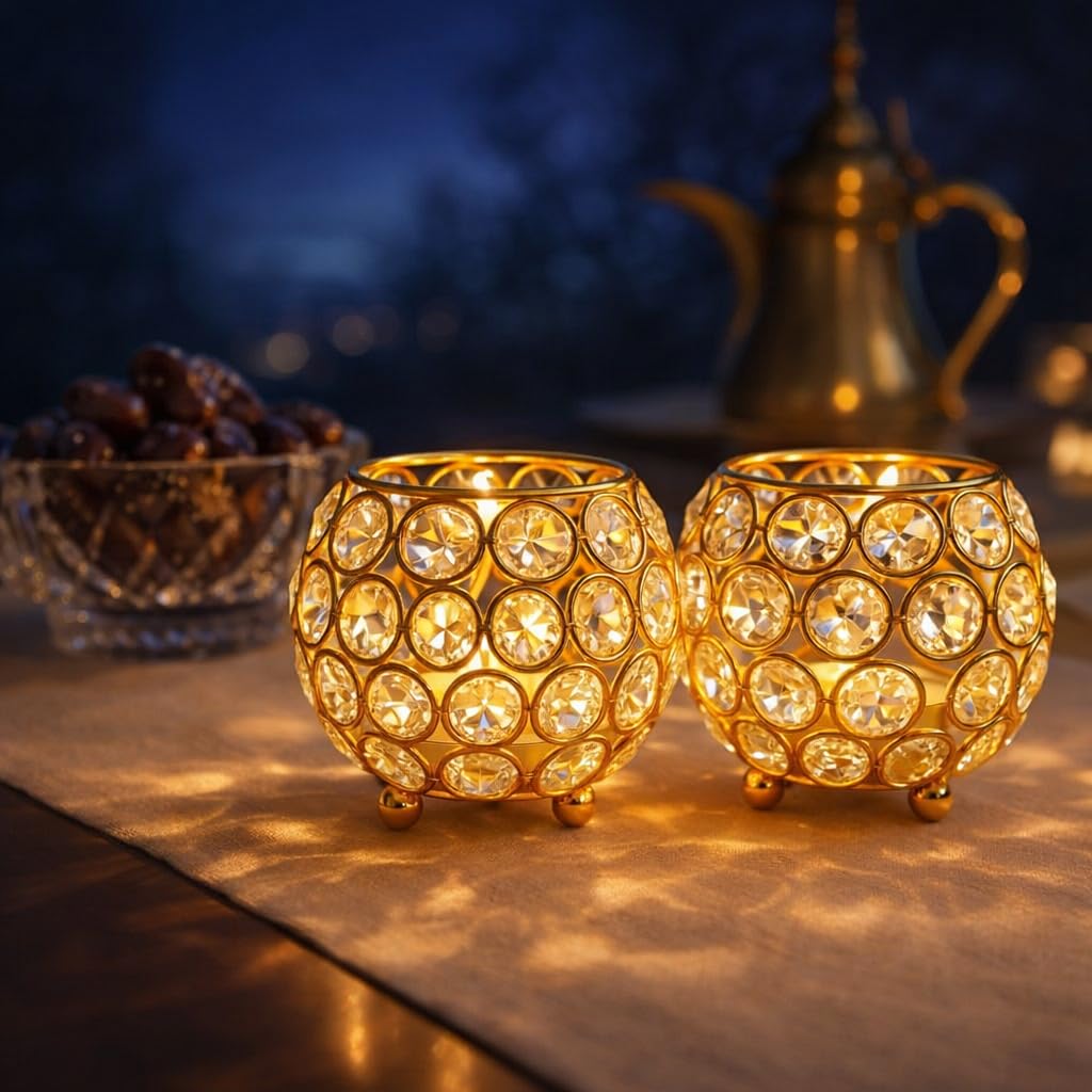 CentraLit Pack of 2 Tea Light Crsytal Candle Holder - Pooja Diya Decoreation Items for Home Diwali Brass Puja Item Unique Christams Diwali Gift Diya Lantern Items Home Decor Candle Light