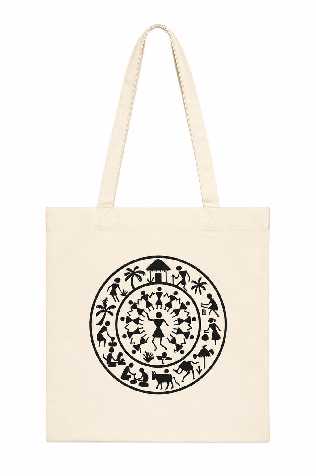 Kai Pai Co Cotton Tote Bag for Women, Indian Folk Art Prints, Casual Daily Use, Reusable Shoulder Bag,14 X 16 Inches - Madhubani, Kalamkari, Return Gifts (Monochrome - Worli)