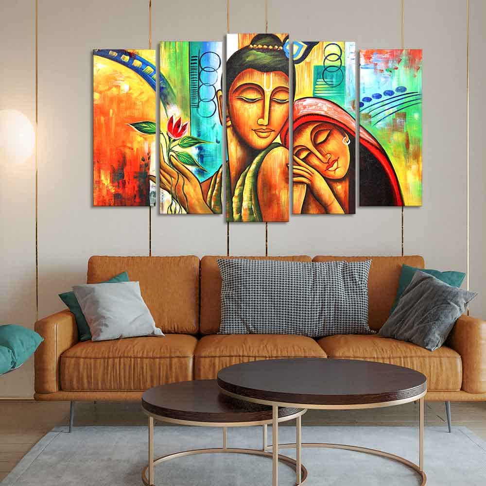 VIBECRAFTS Five Pieces Set Wall Painting of Radha Krishna For Home|Office|Living Room|Gift (PTVC5Pcs2_6576)