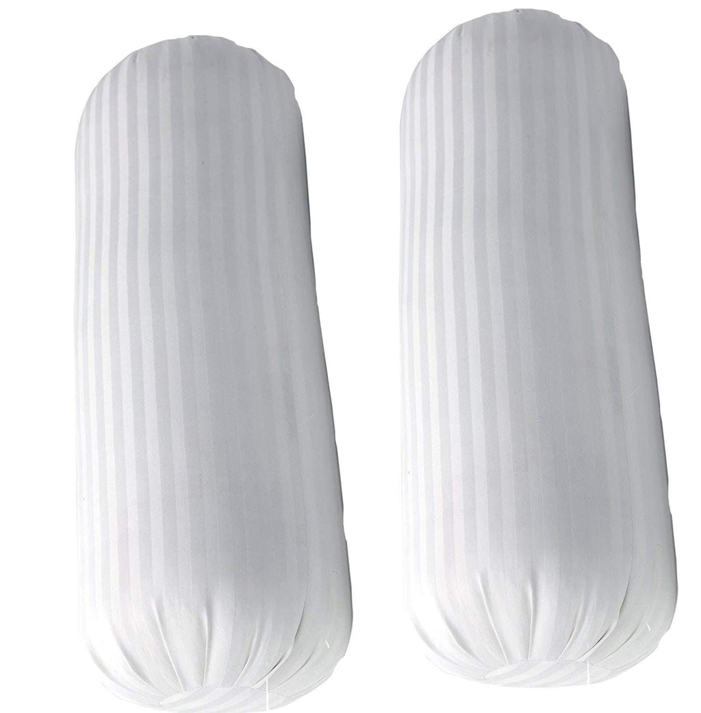 LINENWALAS 100% Cotton 16x32 inch 300TC Striped Bolster Cover | Round Bed Side Long Bolster Pillow Cover to fit 24 Length 9 Dia | Pack of 2 Bolster Cover only (16x32 inch, White)