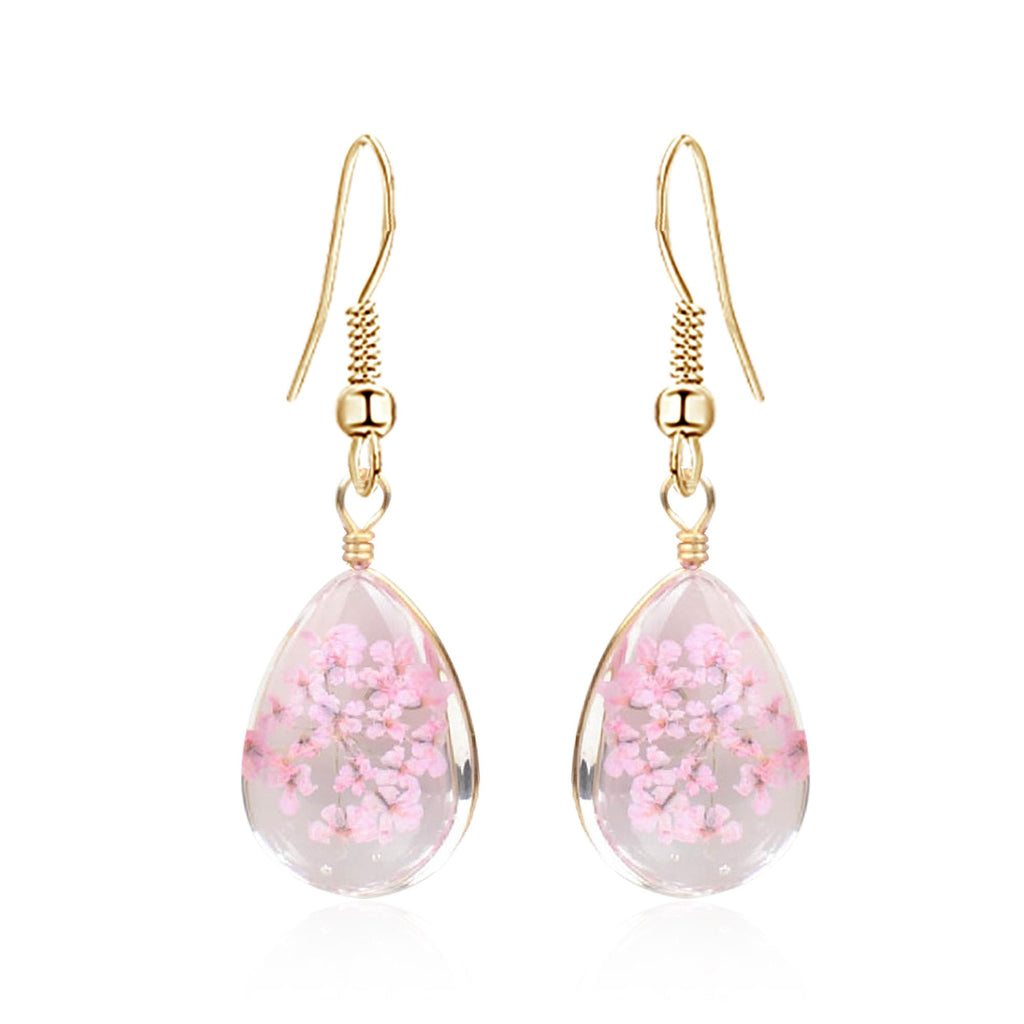 Peasimy Beautiful Real Flowers Dried Pressed Teardrop Earrings for Women Handmade Resin Waterdrop Pressed Dry Flower drop dangle Earrings Jewelry Gifts, Resin, No Gemstone