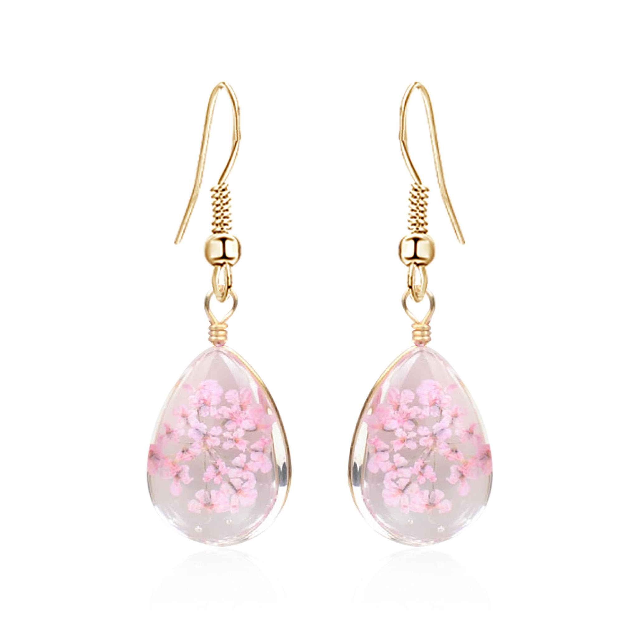 Peasimy Beautiful Real Flowers Dried Pressed Teardrop Earrings for Women Handmade Resin Waterdrop Pressed Dry Flower drop dangle Earrings Jewelry Gifts, Resin, No Gemstone