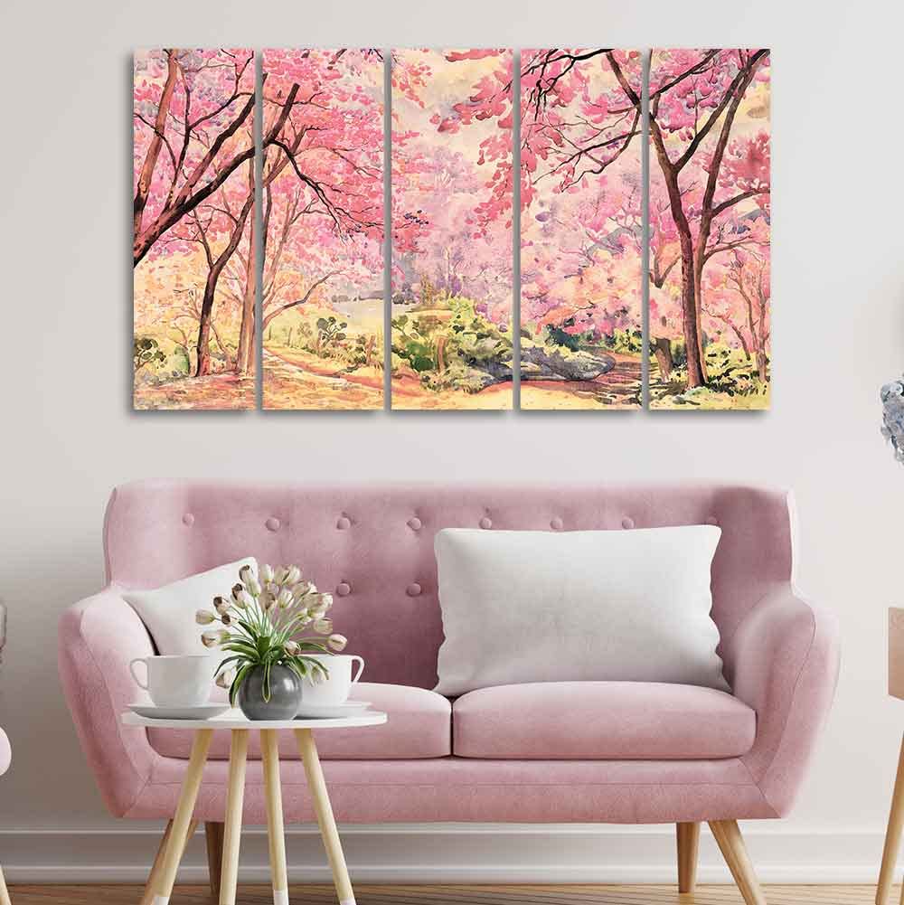 VIBECRAFTS Homcraft Cherry Blossom Tree Premium Wall Painting Set of Five Pieces For Home|Office|Living Room|Gift (PTVC5Pcs4_8641)
