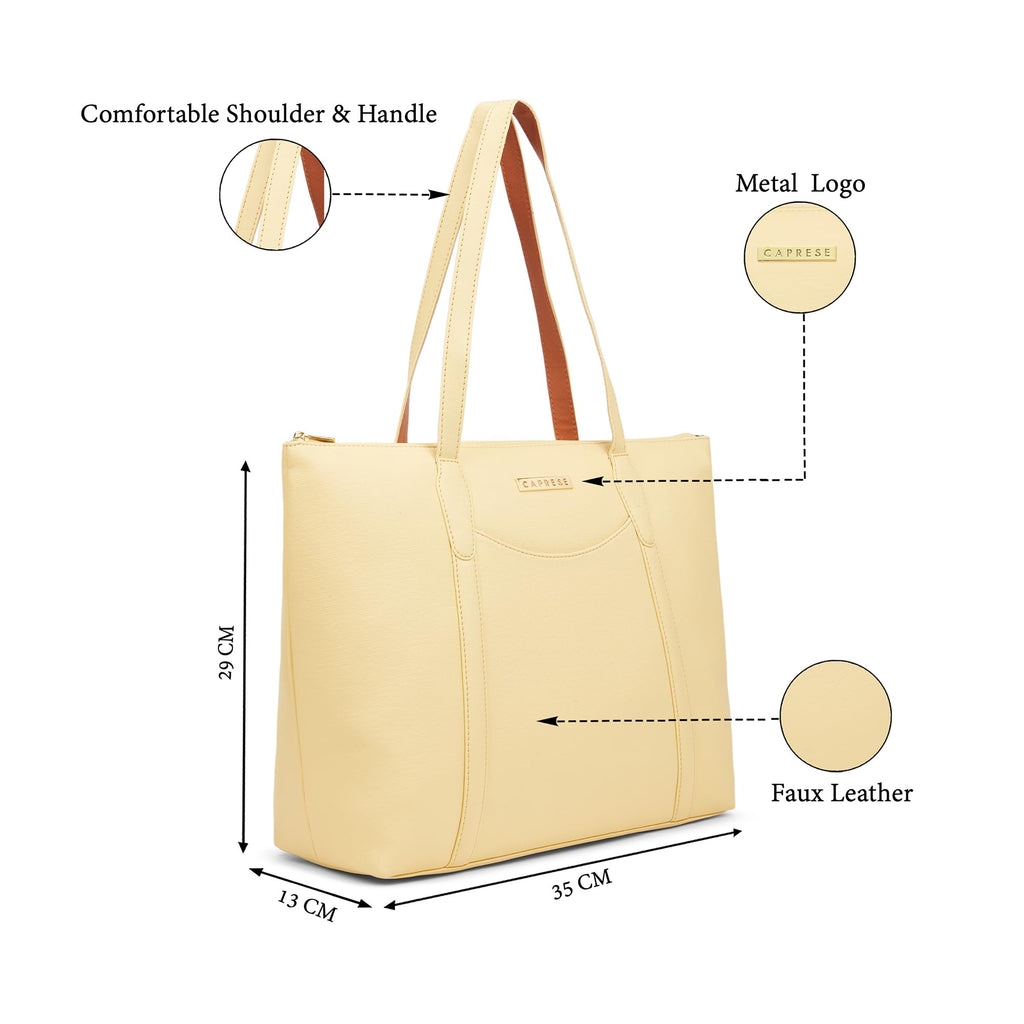 Caprese Jimny 14 Inch Laptop Compatible Large Tote Bag for Women | Stylish, Durable, and Spacious with Multiple Compartments, Back Zipper Pocket for Work, Travel, and Everyday Use (Butter Yellow)