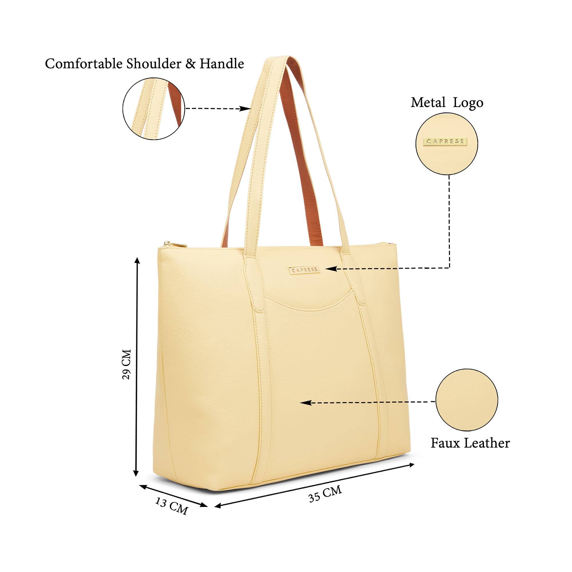 Caprese Jimny 14 Inch Laptop Compatible Large Tote Bag for Women | Stylish, Durable, and Spacious with Multiple Compartments, Back Zipper Pocket for Work, Travel, and Everyday Use (Butter Yellow)
