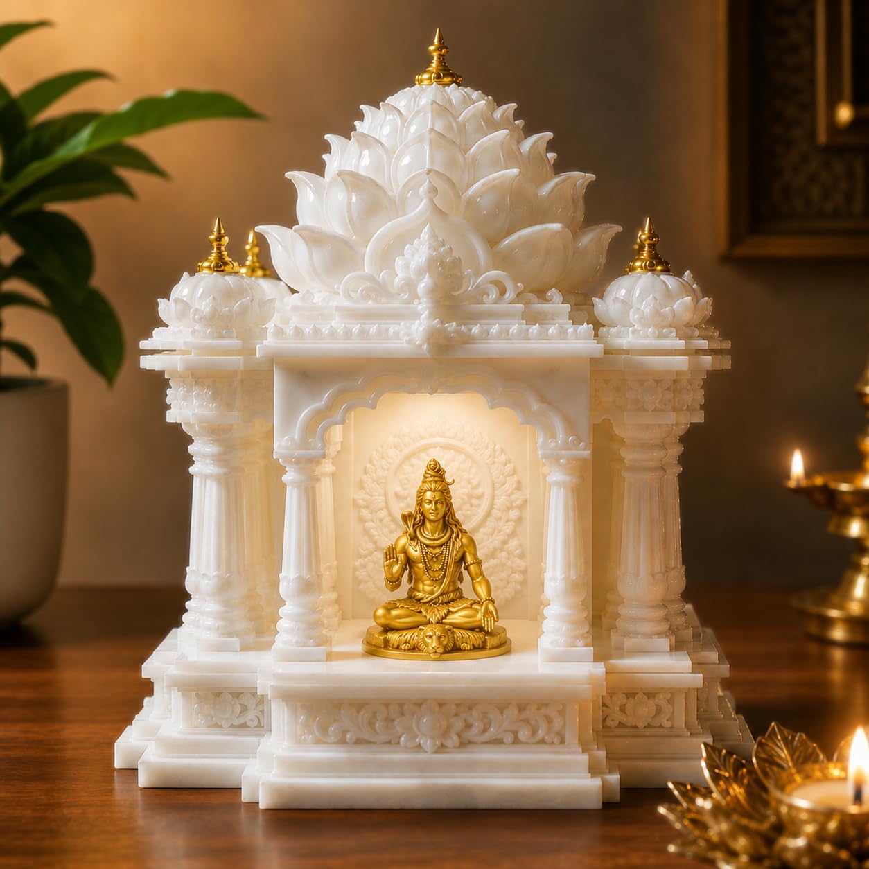 Premium Lotus Mandir for Home Decor | LED Temple | Customizable (Hanuman, Stone Grey, Medium)