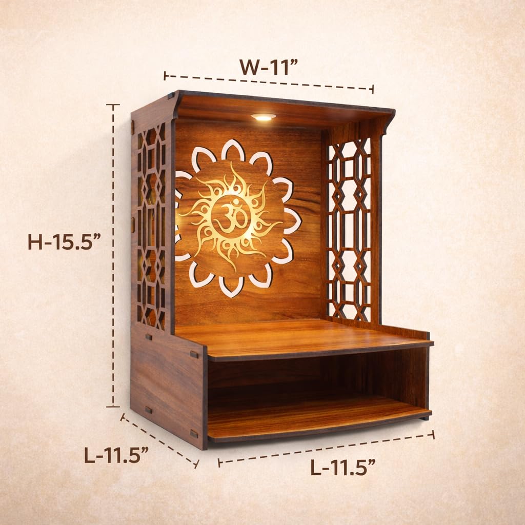 SHIVASHRAY CRAFTS Wooden Pooja Mandir for Home Wall Mounted | Om Design Temple Stand for Home Decor & Office | MDF Puja Stand (15.5 x 11.5 x 11 Inch)