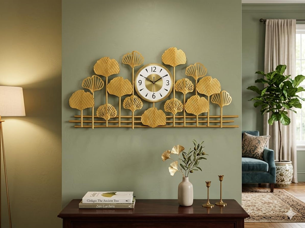Mahira Artefacts Metal Wall Clock, Gold, Art Deco Style, Silent Analog, Ginkgo Leaf Design, Large, for Living Room, Bedroom, Office