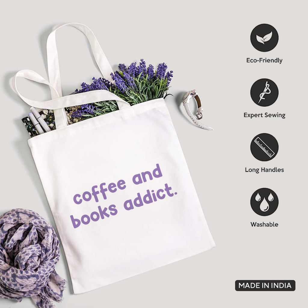 The Korhean Store Coffee and Books Addict Aesthetic Tote Bag for College, Travelling, Shopping, Office, Beach & Daily Use, Ecofriendly & Reusable, Premium Canvas Cotton