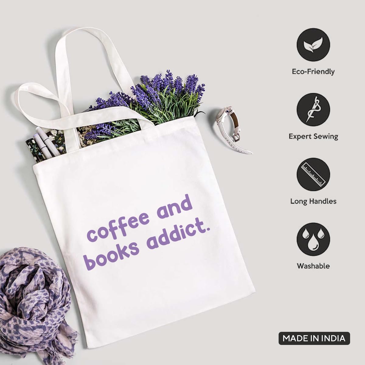 The Korhean Store Coffee and Books Addict Aesthetic Tote Bag for College, Travelling, Shopping, Office, Beach & Daily Use, Ecofriendly & Reusable, Premium Canvas Cotton
