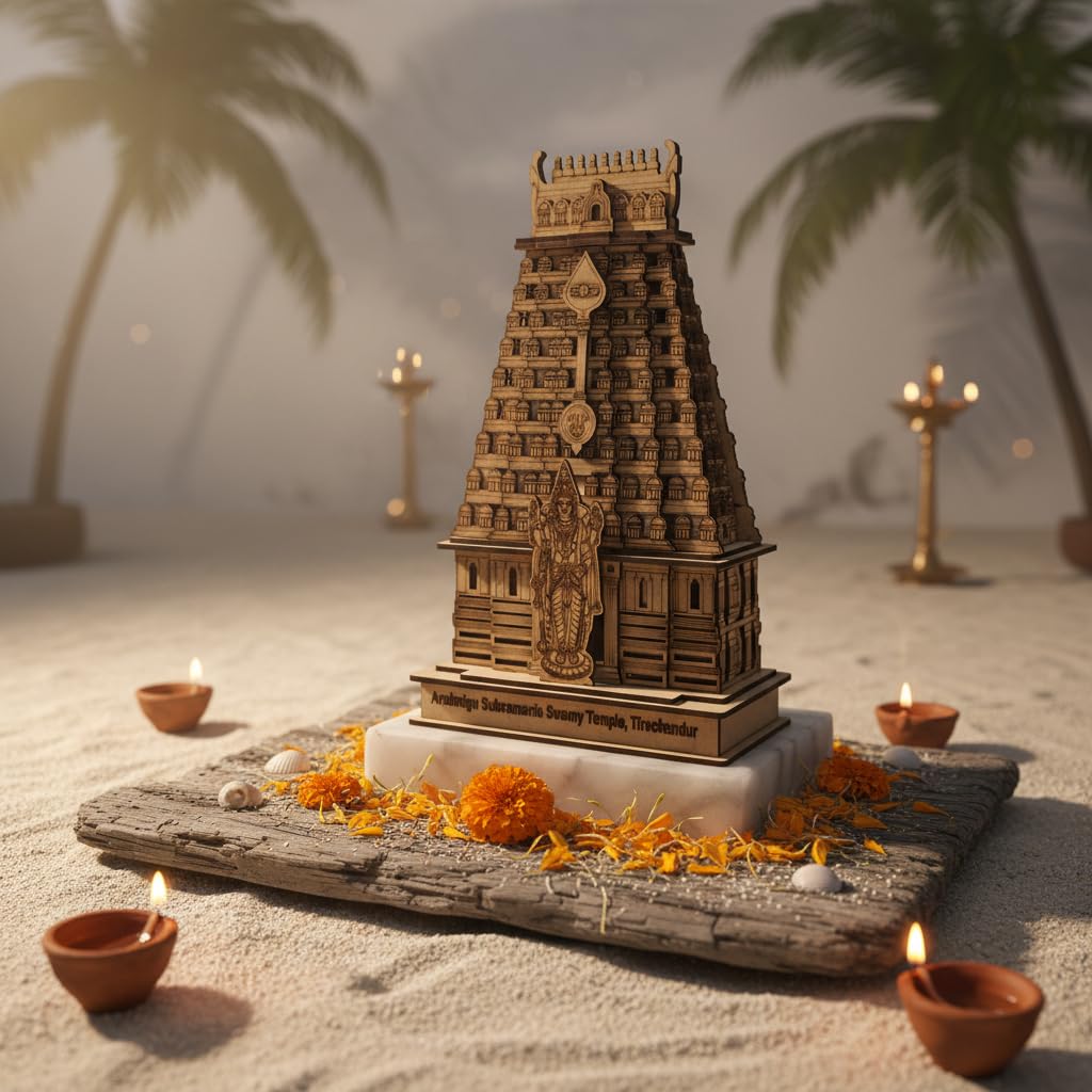 QUEENS CANVAS Arulmigu Subramania Swamy Temple Tiruchendur Wooden Replica, Decorative Miniature Model, Laser Engraved