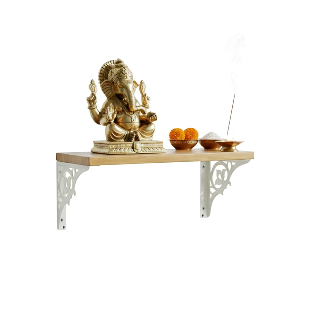 Spillbox Wooden Pooja Home Temple|White Metal Shelf |Wall Mountable|Easy Screw Assembly|Home Temple for Puja Room |Pooja Stand | Mandir-SINGLE FLORAL (White small)