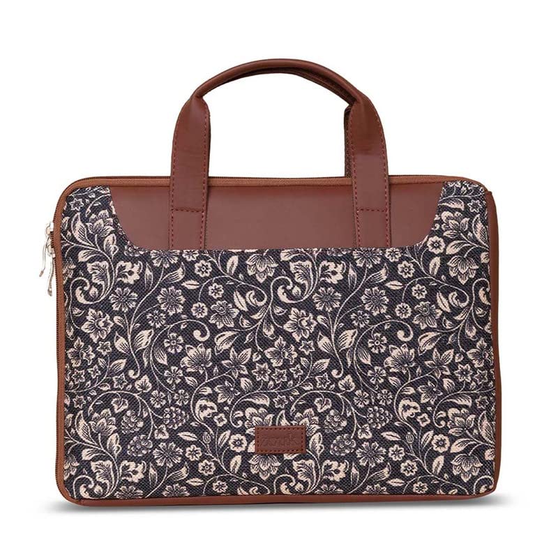 ZOUK FloMotif Floral Printed Women's Jute Handcrafted Vegan Leather Black L Zipper Laptop Sleeve 15.6 inch
