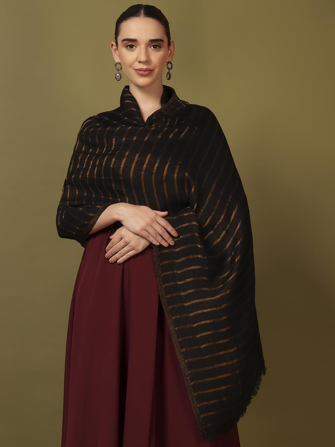 Pashmoda Women Golden Mirage Reversible Zari Moonlight Fine Wool Stole (Size : 28x80in, 71X203cm) ZSST05