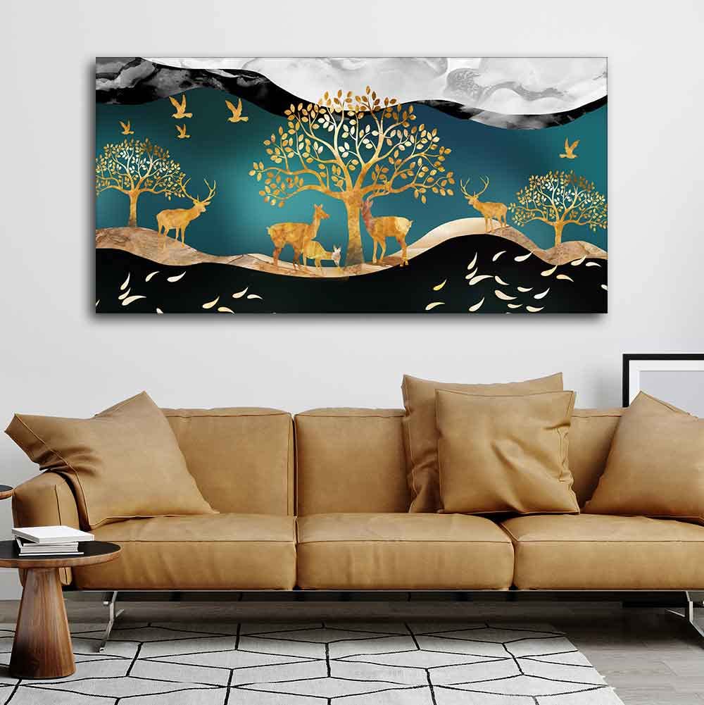 VIBECRAFTS Canvas Paintings for Living Room Drawing Room Canvas Wall Painting of Golden Trees with Birds And Deer Fitted with Wooden Frame for Home|Office|Gift(PTVCH_2300NN)