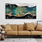 VIBECRAFTS Canvas Paintings for Living Room Drawing Room Canvas Wall Painting of Golden Trees with Birds And Deer Fitted with Wooden Frame for Home|Office|Gift(PTVCH_2300NN)