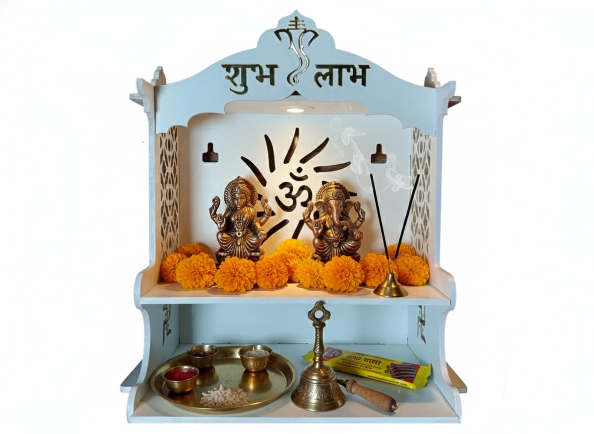 Mandir Temple for Home, Office and Shop,Size (H-15 inch, L-9.5 inch, W-13.5 inch) | Wall Hanging | Free Standing | 6mm Thick Double Laminated Board with spot Light and 5 feet Cable