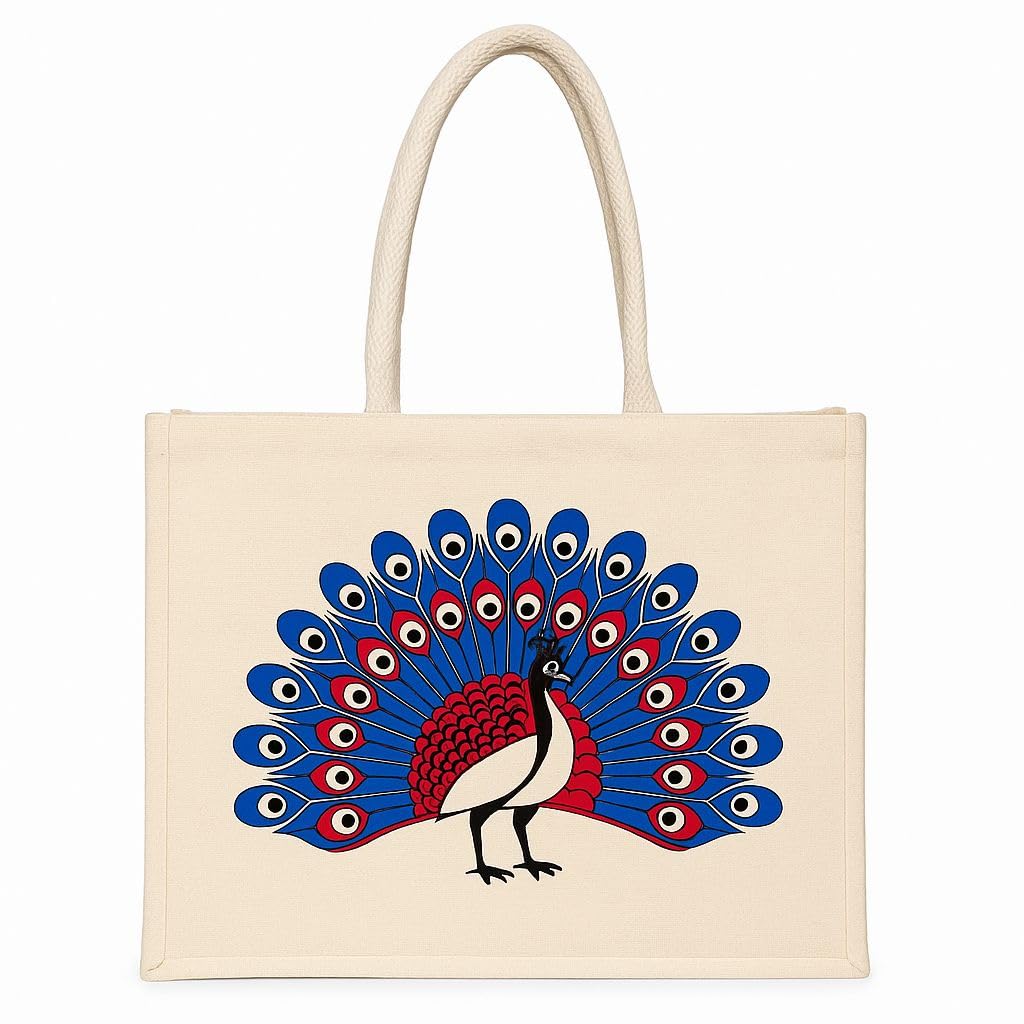 Eco-Friendly Cotton Jute Tote Bag with Peacock Print, Handcrafted Reusable Shopping Bag, Multipurpose Carry Bag