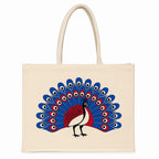 Eco-Friendly Cotton Jute Tote Bag with Peacock Print, Handcrafted Reusable Shopping Bag, Multipurpose Carry Bag