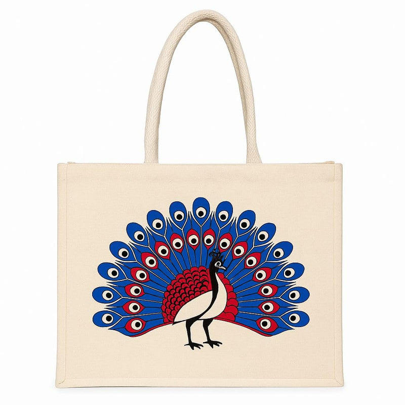 Eco-Friendly Cotton Jute Tote Bag with Peacock Print, Handcrafted Reusable Shopping Bag, Multipurpose Carry Bag