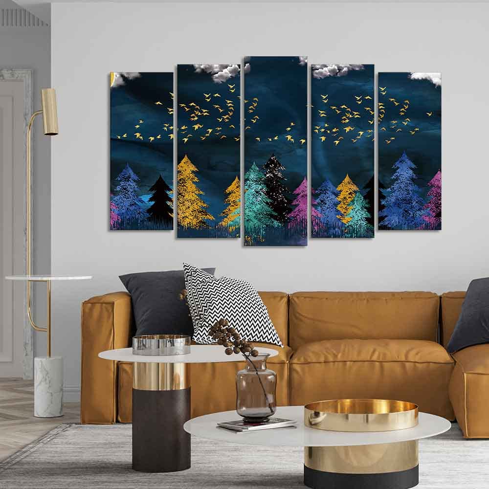 VIBECRAFTS Golden Birds Flying over The Dark Forest Wall Painting of Five Pieces For Home|Office|Living Room|Gift (PTVC5Pcs2_6593)