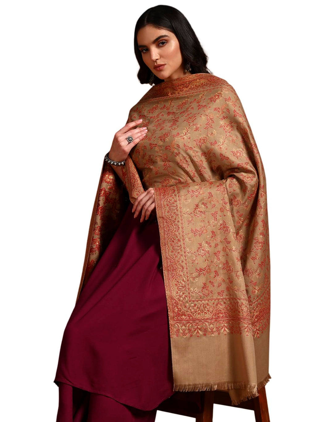 Pashmoda Women Aabroo Kashmiri Jamawar Woven Shawl, Kaani Jacquard Shawls, Stoles, Wraps, Luxury Pashmina Evening Wrap (Size: 40X80 Inches, Pashmina Color) SECS58