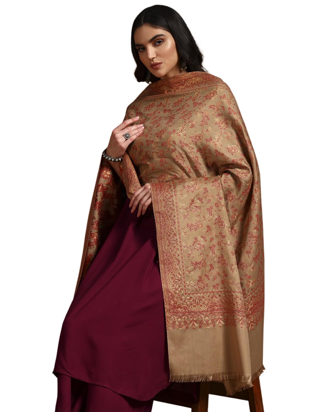 Pashmoda Women Aabroo Kashmiri Jamawar Woven Shawl, Kaani Jacquard Shawls, Stoles, Wraps, Luxury Pashmina Evening Wrap (Size: 40X80 Inches, Pashmina Color) SECS58