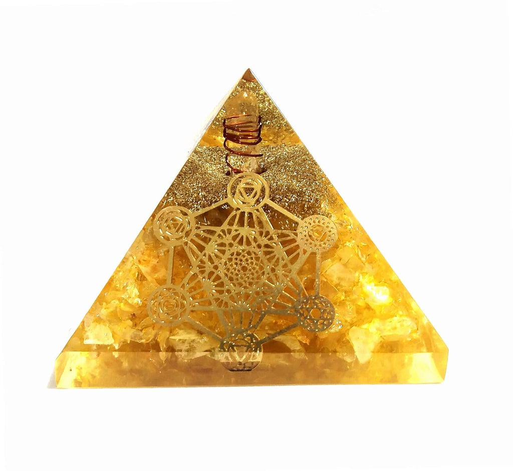 NAKSHATRA ENTERPRISE Spiritual Healing Collection with Pyrite Frame, Orgone Pyramid, Crystal Tree, Vastu Decor for Home & Office, Positive Energy & Wealth (Citrine Orgone Pyramid)
