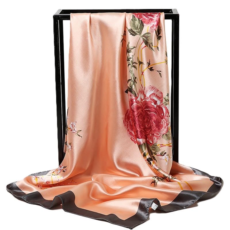 JJ's Imported Satin Silk 90x90 cm Stylish Fashion Floral Design 99 Scarf, Head & Hair Wrap (Covering) For Girls, Women and Ladies. (Peach)
