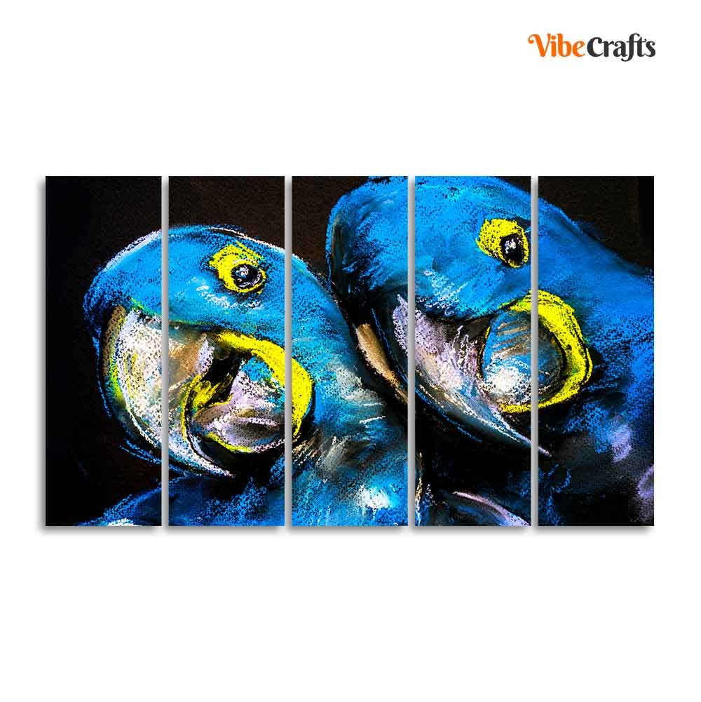 VIBECRAFTS Blue Parrots Pastel Art Five Pieces Wall Painting For Home|Office|Living Room|Gift (PTVC5Pcs4_8545)