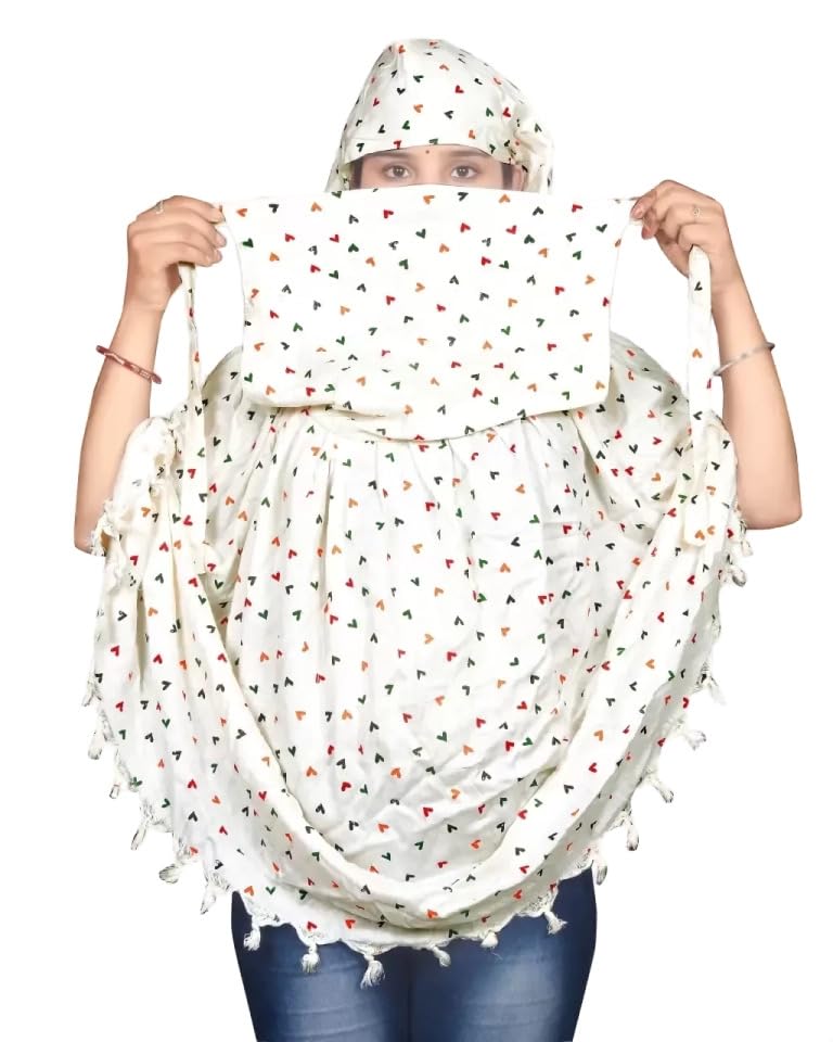 Navvi Pure Cotton Printed White Scarf for Women & Girls | Scarf with Head Cover | Scarves |Bandana| Hijab | Dupatta | Protection from Sunlight, Dust | Usable for Scooty, Bike
