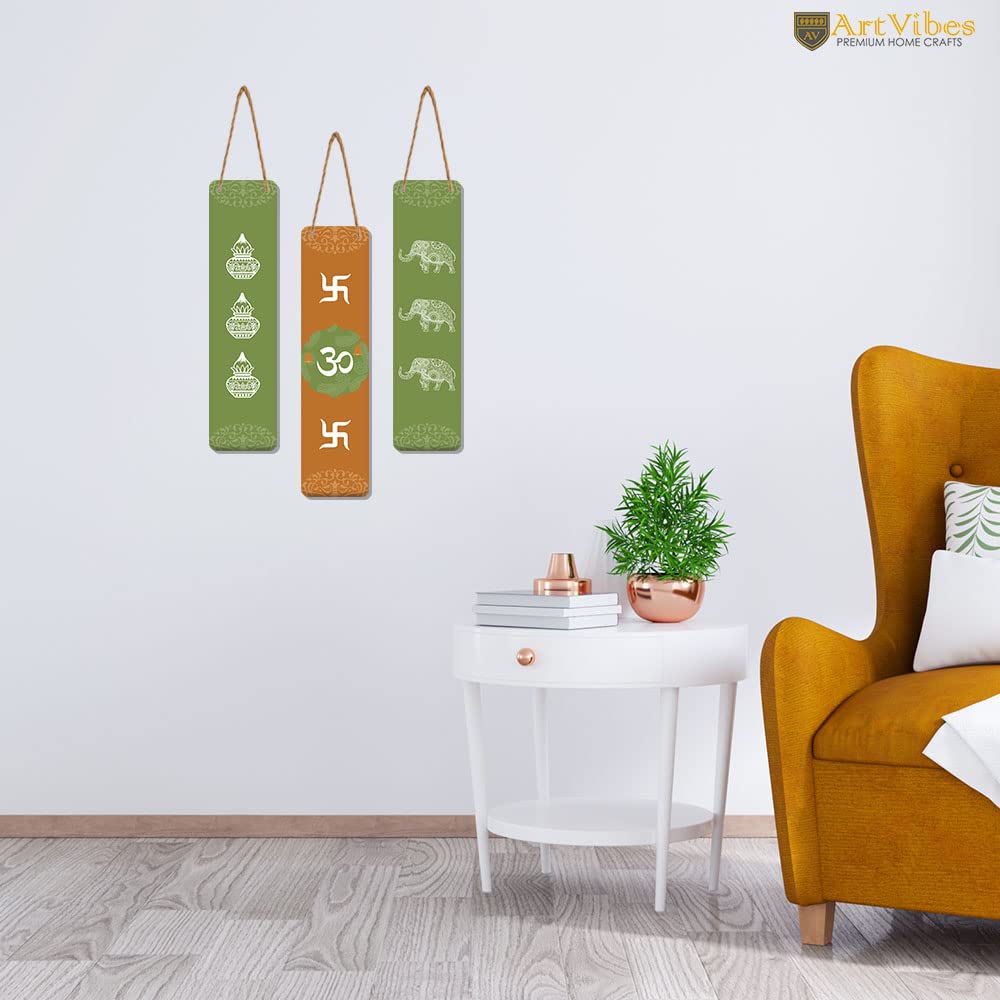 Artvibes Auspicious Symbols Wooden Wall Hanger for Good Luck | Prosperity Home | Office | Spiritual Decor Items | Wall Poster | Art Prints| Stylish Modern Decor Item | Gift Items (WH_8105N), Set of 3