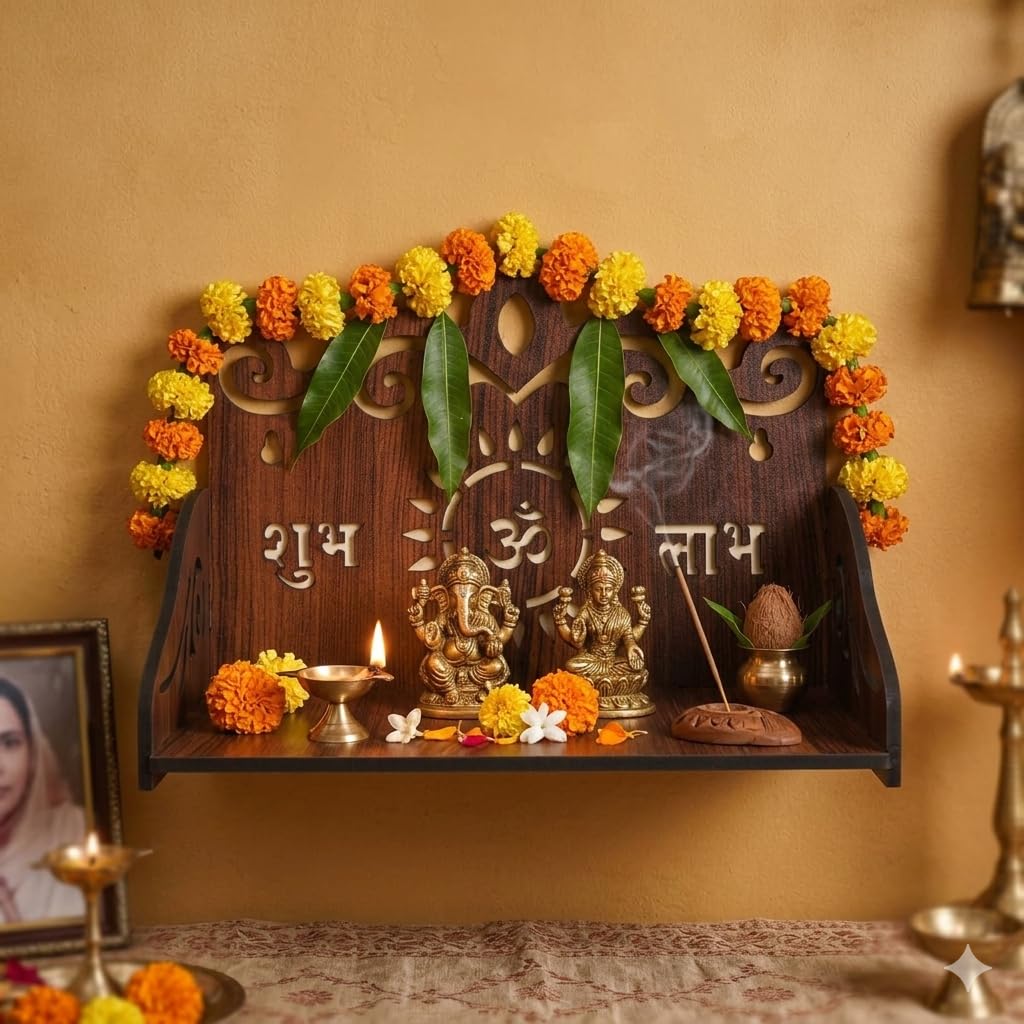 BerryBox Wooden Pooja Mandir for Home & Office - Mini Pooja Stand for Wall Hanging | Small Wood Temple for Desk & Shelf | Compact Devghar for Home Wall Mounted & Tabletop (15 x 14 x 21 CM)