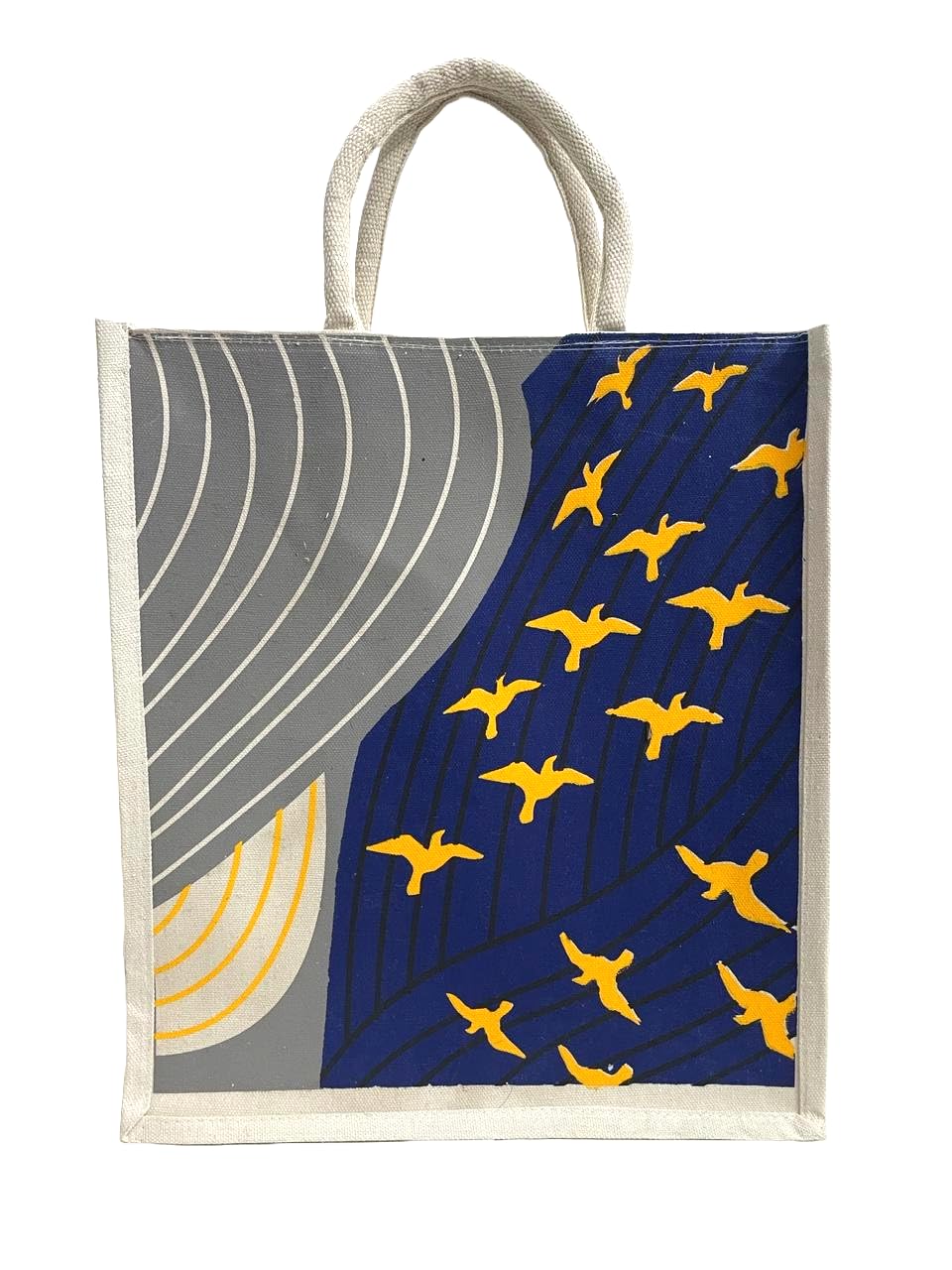 Jute Club Printed Canvas Bag|Shopping|Office|Tiffin| Multipurpose|Eco Friendly with Zipper lock|Spacious|100% Organic Cotton Tote with Lamination-14 X16 X5 (5Pc, Flying Birds)