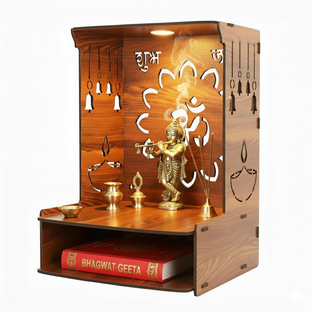 GOJEEVA KRAFT Royal Walnut Finish Wooden Pooja Mandir | Wall Mounted Home Temple with LED Lights & Spacious Storage | Premium Handcrafted Puja Unit (37.5 * 29 * 25 CM) (Large) A4