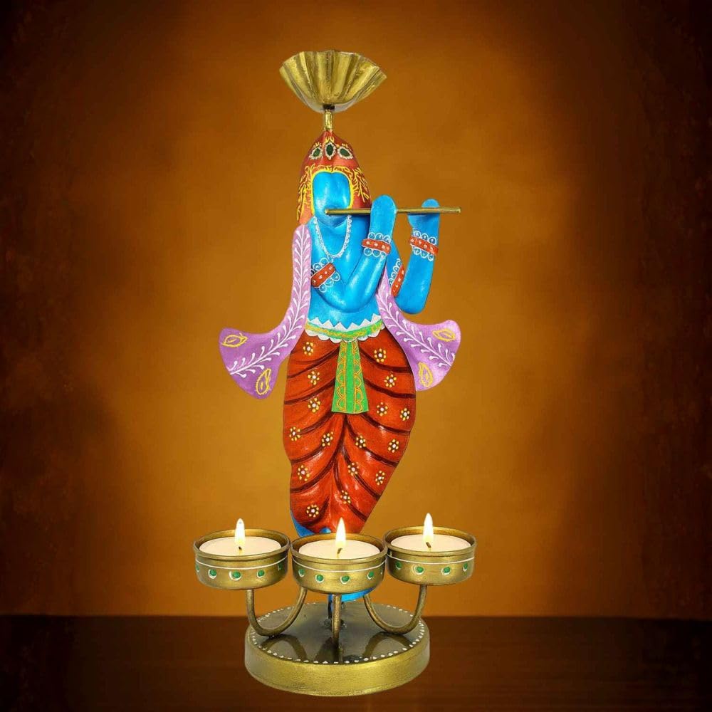 ATRANGI STUDIO Spiritual Combo - Ganesha, Krishana, Om Iron Tealight Holders | Handcrafted Festive Decor | Designer Candle Holder | Hold 3 tealight Candles | Perfect for Pooja Shelf & Gifting