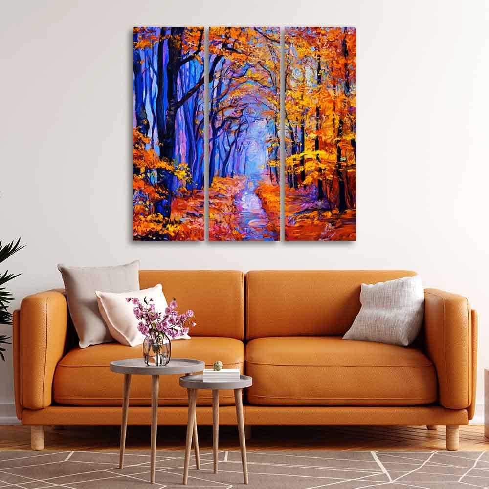 VIBECRAFTS Beautiful Forest 3 Pieces Canvas Wall Painting Fitted With Wooden Frame For Home | Office | Living Room | Gifts (PTVC3Pcs1_9511)
