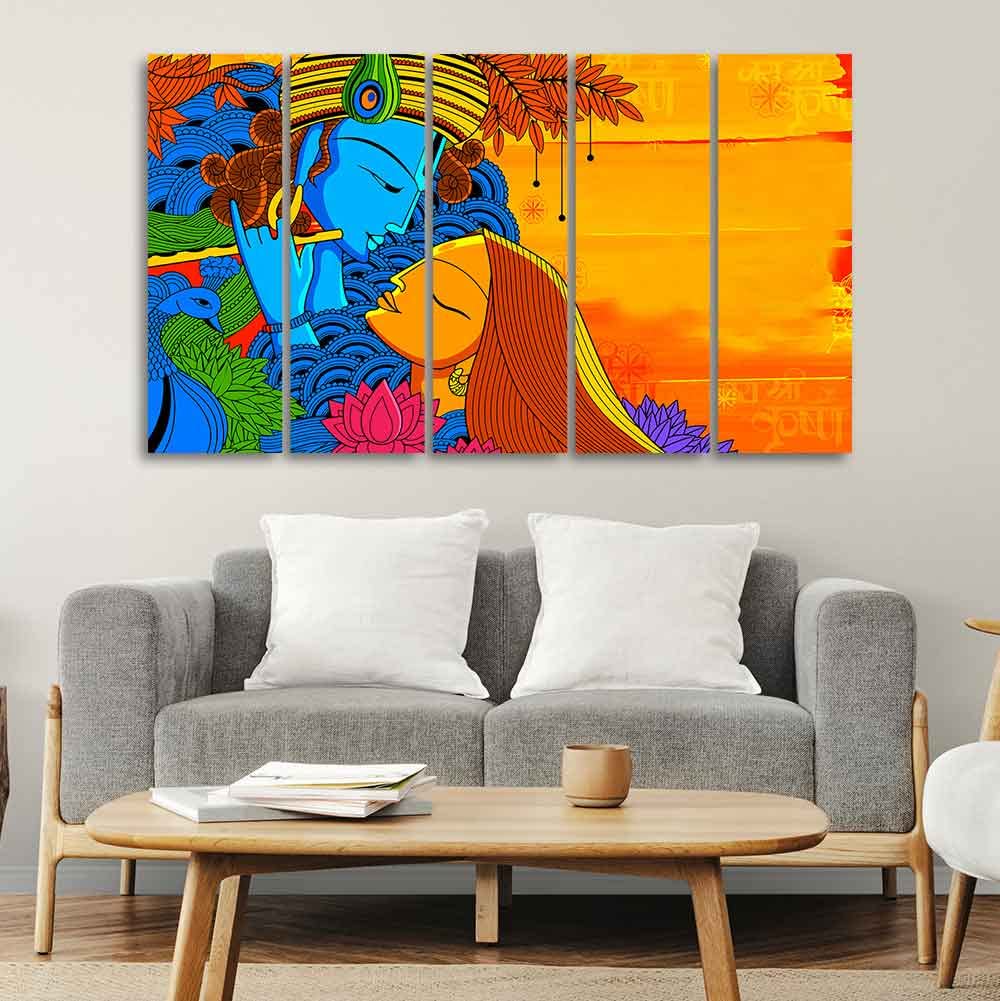 VIBECRAFTS Radha and Kanha Canvas Wall Painting Set of Five For Home|Office|Living Room|Gift (PTVC5Pcs4_8624)