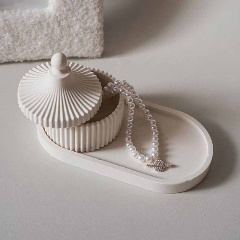 Kitty Cat® Concrete Jewelry Tray Trinket Dish – White Decorative Oval Tray, Perfume & Key Organizer, Modern Vanity Storage for Jewelry, Aesthetic Candle Holder, Home Decor (Tray + Jar)