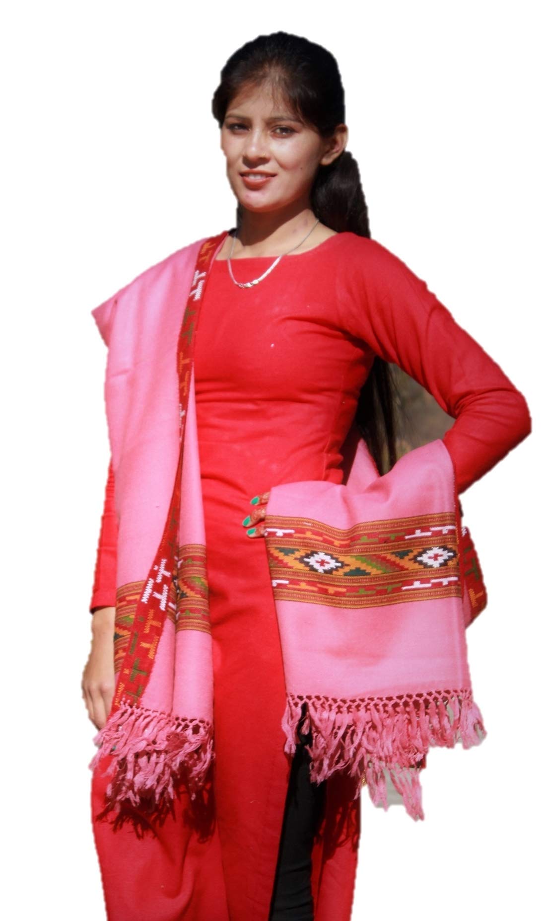 HImalayanKraft Hand Woven Kullu Handloom Woolen Shawl Pink Colored with Beautiful Kullu Weaving Designed for Women and Girls.