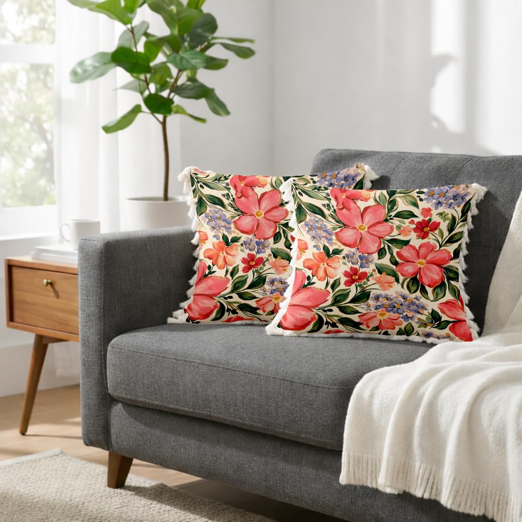 STITCHNEST 'Little Meadow Series' Tassled Cushion Cover | Set of 2 | Floral Cushion Cover 16 inch x 16 inch