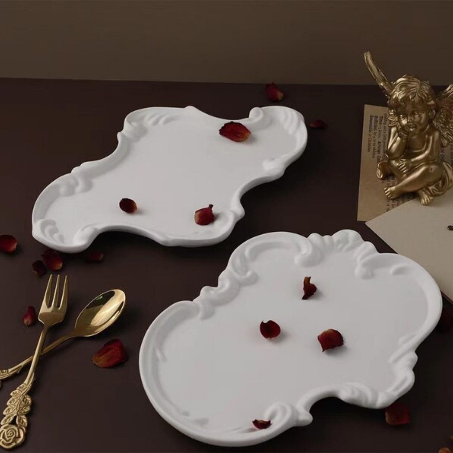 Kitty Cat® Set of 2 Aesthetic White Trinket Trays | Handmade Decorative Jewelry Organizer Plates | Minimal Vintage Vanity Tray for Rings, Earrings, Keys | Home Decor & Gift Item (Baroque)