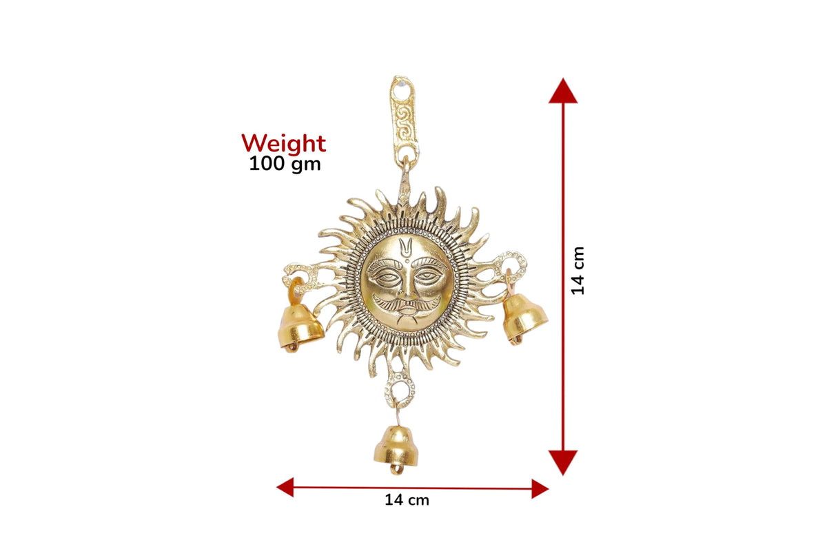 KridayKraft Metal Wall Hanging Lord Sun with Bells Suraj Idol Surya Sculpture Murti Statue Vastu Decorative Showpiece for Living Room Bedroom Wall Décor Rishing Sun Face with Bells Wall Art