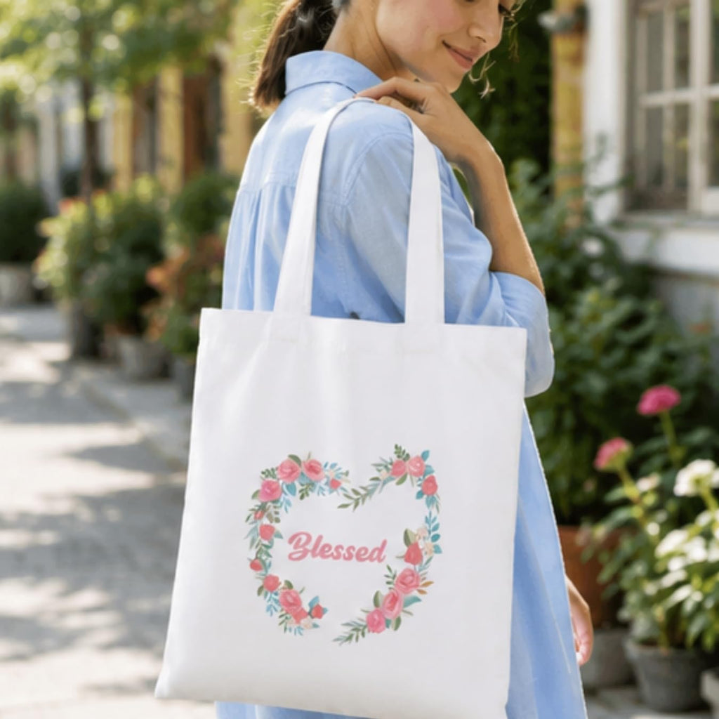 Adorvue Premium Reusable Floral Wreath Blessed Tote Bag Stylish Eco-Friendly Cotton Handbags, Canvas Bags for College, Shopping, Office, Travel, Grocery Runs, Beach Day and Casual Outing Pack of 2