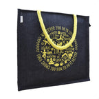 JUTEKA Yoga Print Eco Friendly Jute Bag for Shopping, Lunch, Tiffin, Office, Grocery with Zip Closure and Padded Cotton Handles…