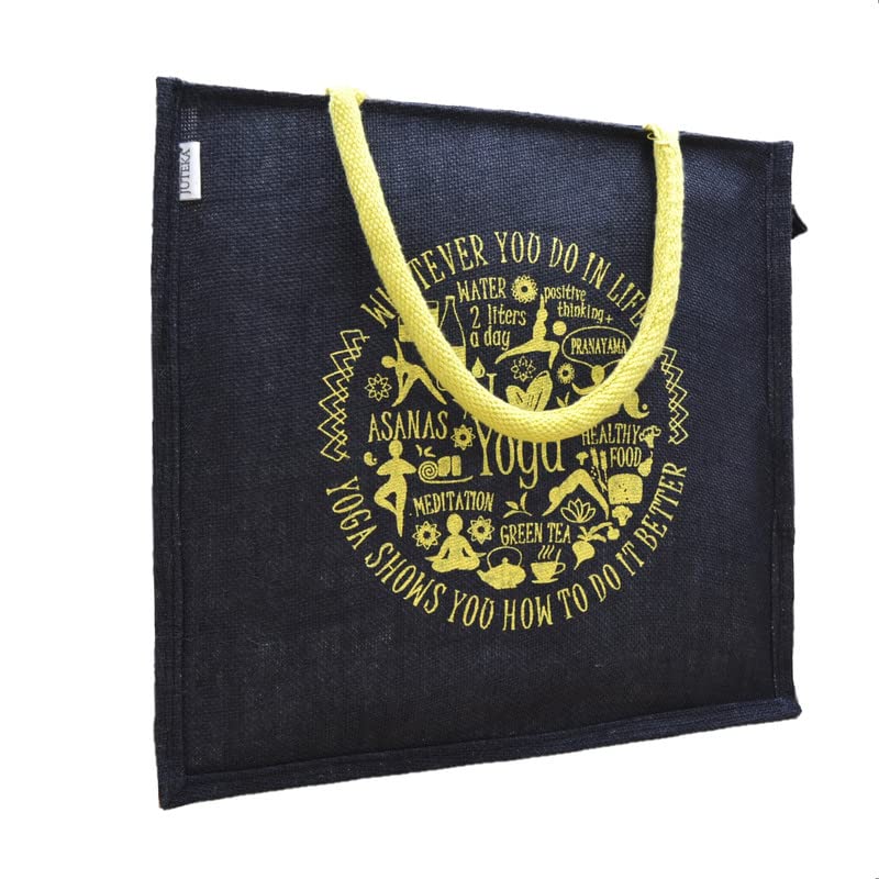 JUTEKA Yoga Print Eco Friendly Jute Bag for Shopping, Lunch, Tiffin, Office, Grocery with Zip Closure and Padded Cotton Handles…