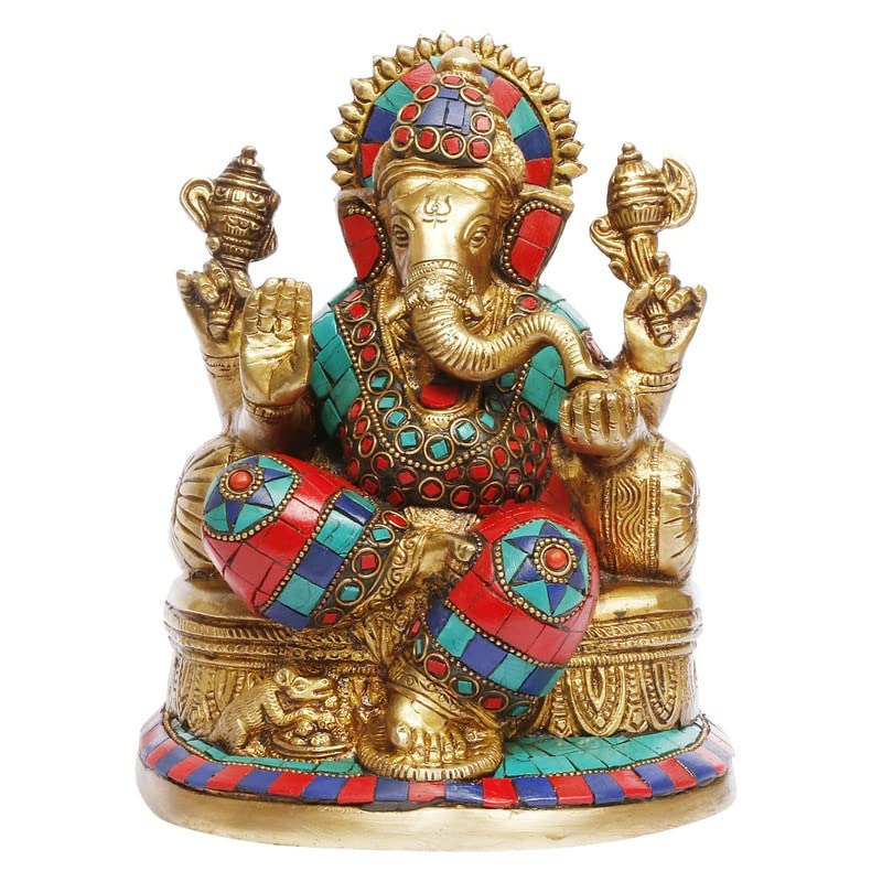 SVARUP Brass Ganesh Idol Statue Murti God Ganesha Vinayak Ganpati Sitting Sculpture Bhagwan Height 8 Inch